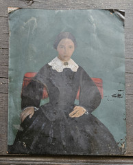 Antique Portrait Painting Woman 1840s Oil on Tin American Folk Art AAFA 8×7″