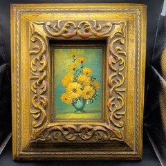 Vintage Yellow Floral Still Life Oil Painting Wood Ornate Gold Gilt Frame 12X14