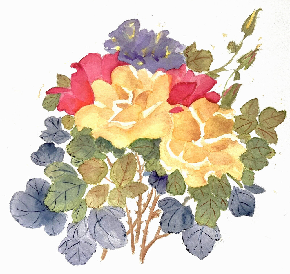 80s Floral Rose Watercolor Art MCM Bold Retro Flowers Leaf Rustic Garden 15×11″