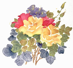 80s Floral Rose Watercolor Art MCM Bold Retro Flowers Leaf Rustic Garden 15×11″