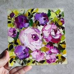 original oil painting Rose Purple Pink Flowers Impasto Floral small art 6*6 inch