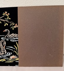 2 Vtg 60s SWAN PAINTING Set VELVET BLACK Picture Art Deco Lake Branches Blossom