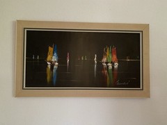 2 Large Oil Paintings Harbour View, Nocturnal View, Midcentury, 92x53cm External Dimension