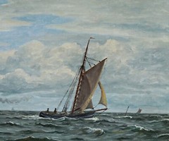 Oil On Canvas Signed Frants Landt (1885-1975) Seascape Sailboat