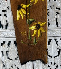 26” Vintage Hand Painted Yellow Flowers Rustic Wood Signed Wall Decor Cottage
