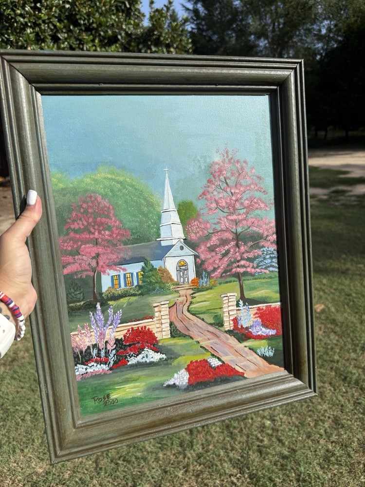 Original Signed Painting on Canvas Church Landscape Framed Signed Rose 2000 Vtg.