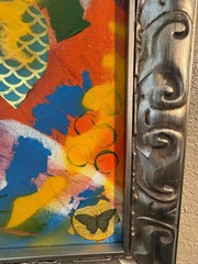 Large Vibrant Abstract Mixed Media Painting on Canvas in Ornate Silver Frame