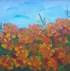 marigold original oil painting, bouquet of marigold art, small flower painting