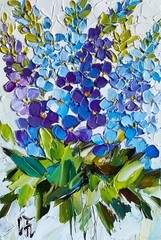 Original Oil Painting Delphiniums Blue Flowers Floral Abstract Artwork 4*6 inch