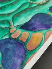 Original Abstract Cosmic Watercolor – Purple Core, Green Energy, 9.8×9.8 in