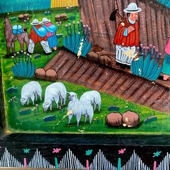 Folk Art Painting on Leather Tigua Ecuador Alpaca LLama etc. Unsigned READ!