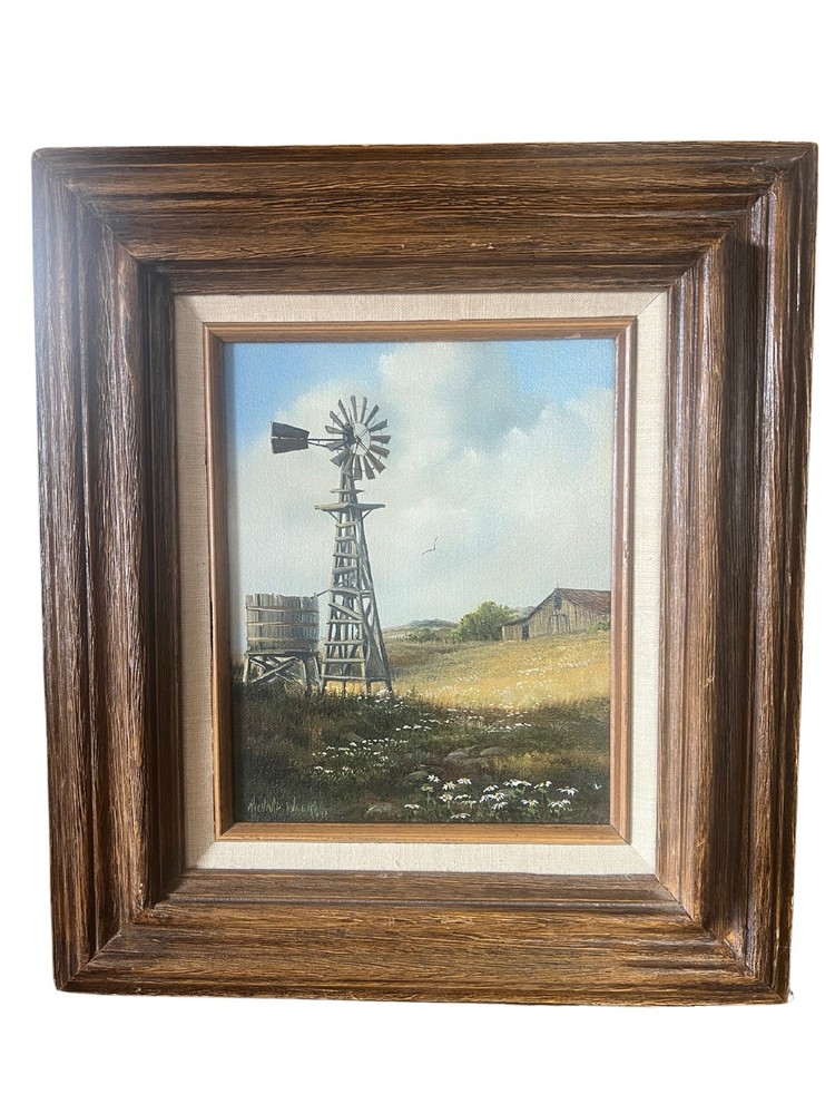 Vintage Painting Richard Weers Original Texas Art Windmill 1977 Barn Realism