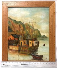 Vintage Harbor Fishing Boat Coastal Seascape Framed Painting Signed 19.5×23.5