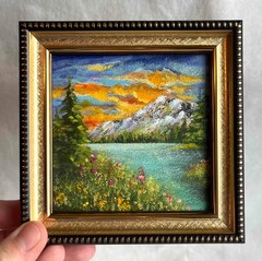 Sunset Original Oil Painting Landscape Mountain Lake and Trees Wall Art 4 x 4 in