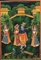 Hand Miniature Painting Of Krishna Playing Flute With Goddess Radha 10×13 Inches