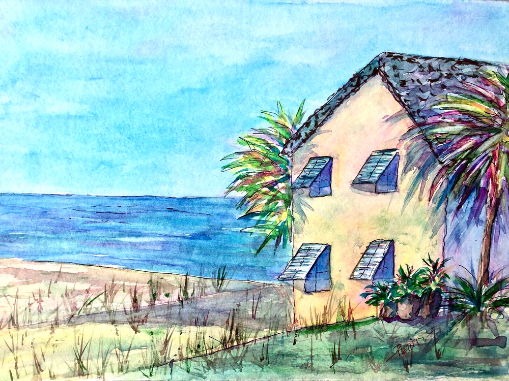 Cute Little Beach House By The Ocean, Beach, 11″x14″, Unique Watercolor Art