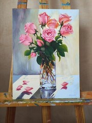 Pink roses bouquet in a glass vase, hand painted small painting, gift idea