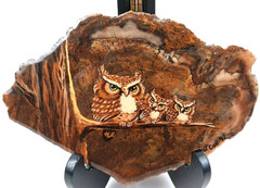 VTG Hand Painted Sweet Owl Family On Stone Agate Epoxy Slab Signed L.W. Cox 6″