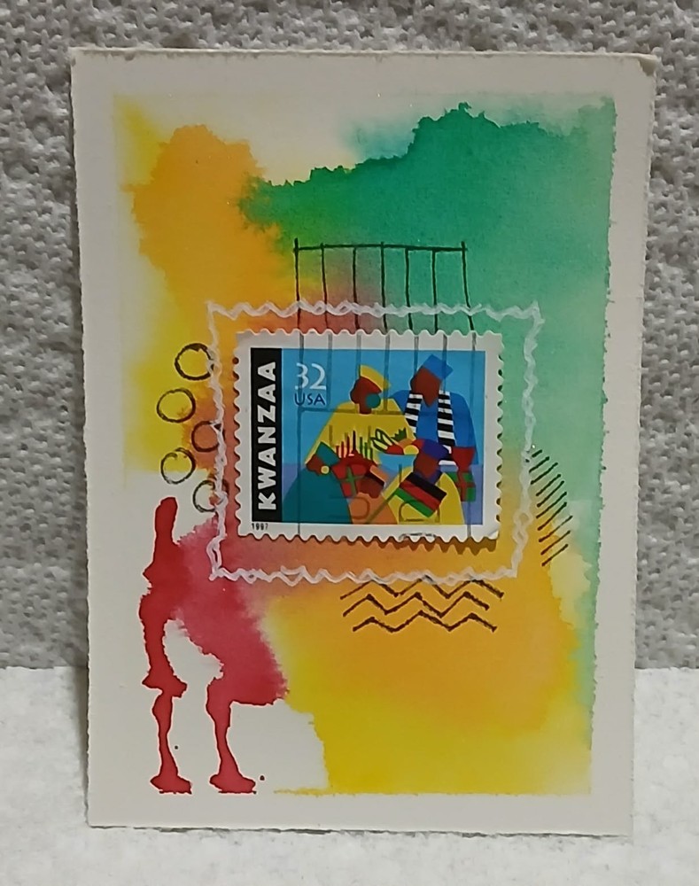 Kwanzaa 32¢ Stamp Postal Whimsy OOAK ACEO Art Card by Virginia Watercolor