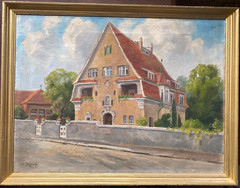 :: OIL PAINTINGS SIGN. W.KOPP TOWNHOUSE TOWN VILLA WITH GERANIUM STREET VIEW