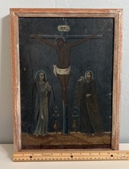 19th Century Retablo Antique Mexican Oil on Tin Painting Crucifixion of Christ