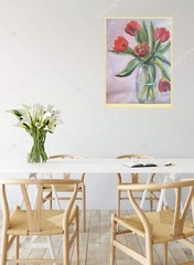 tulips original oil painting, bouquet red tulips in vase, painting on canvas