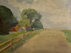FRAMED WPA ERA IOWA REGIONALIST LANDSCAPE PAINTING 1930s BARNS, COUNTRY ROAD,