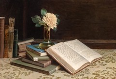 Caroline A. Baseter – Still Life of Vase of Flowers on Books