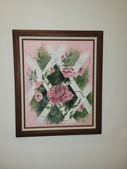 Vintage Pink Rose Painting On Trellis Signed Madeline Rusch 1994