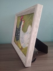 Vintage Folk Art Chicken Painting Original Canvas Framed Rooster Hen Country