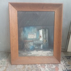 Signed Oil Painting Still Life Rustic Dry Sink Folk Art Farmhouse 21×25″ Framed