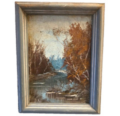 Vintage Framed Original Canvas Oil Painting Fall River Scene 5×7 Rustic