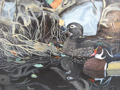 BART RULON Framed WOOD DUCKS Moody River Bird Scene Acrylic Painting