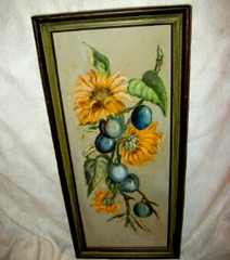 French Country Oil Painting Sunflowers Plums 1960s Long Narrow Provencal Colors