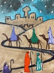 ACEO watercolor art by PJ, art card 2.5 x 3.5: shepherds and wisemen travel.