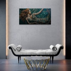 Mermaid Painting Mosaic Print, Elegant Mermaid Art Colorful Vibrant Large Canvas