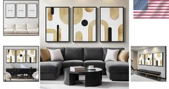 Large Framed Abstract Geometric Canvas Art 3PC Gold Black White 24×36