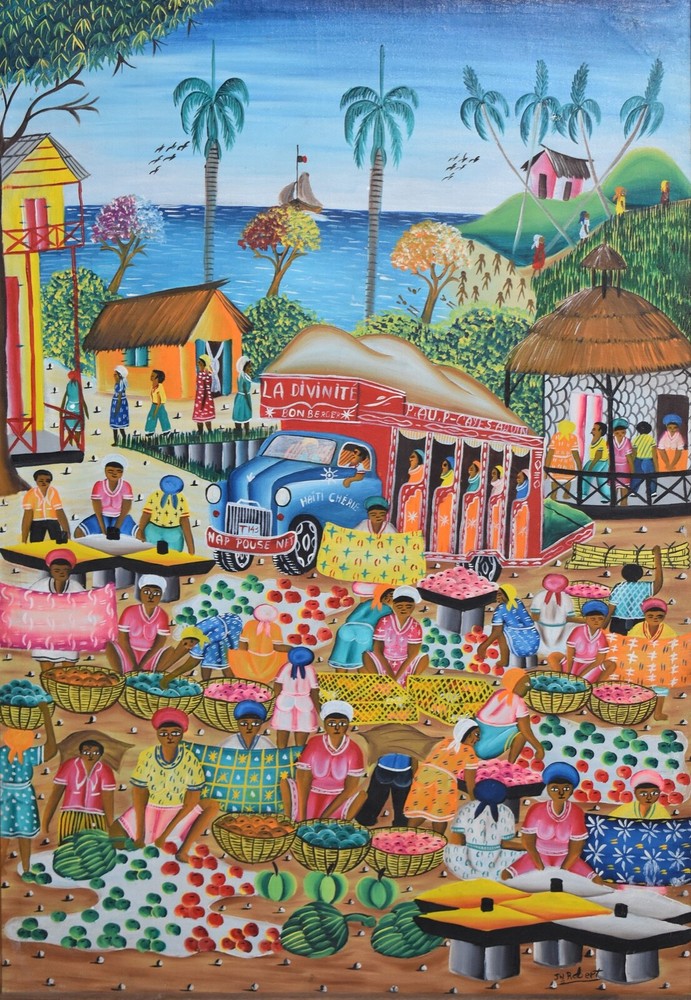 JEANTY JN ROBERT-Haitian Artist-Original Signed Acrylic-Haitian Village Scene