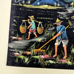 Vintage 1967 Jet-W. Wang Asian Village Water Buffalo Velvet Artwork Signed Set 2