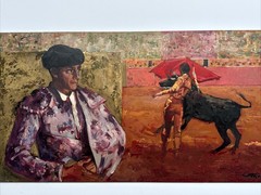 MID CENTURY PAINTING MATADOR BULL FIGHT FAMOUS LISTED LARGE 36 INCHES OIL LATHOM