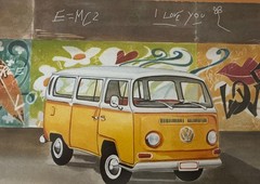 Groovy Framed/Matted Original Urban Art YELLOW VW / VOLKSWAGON BUS Oil on Paper