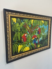 Sal Salinero Florida Artist Scarlet Plumage and Schefflera Blooms 36×26 Giclee
