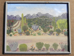 Vintage charming Southwest desert painting in a slightly primitive naive style