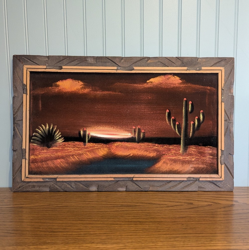 Vintage Black Velvet Painting Desert Sunset Cactus Mexico Carved Wood Frame MCM