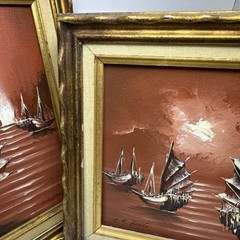 C.K Fang Acrylic Painting Vintage Gold Frame 13″ x 11″ Red Sky Boat Scene Set 2