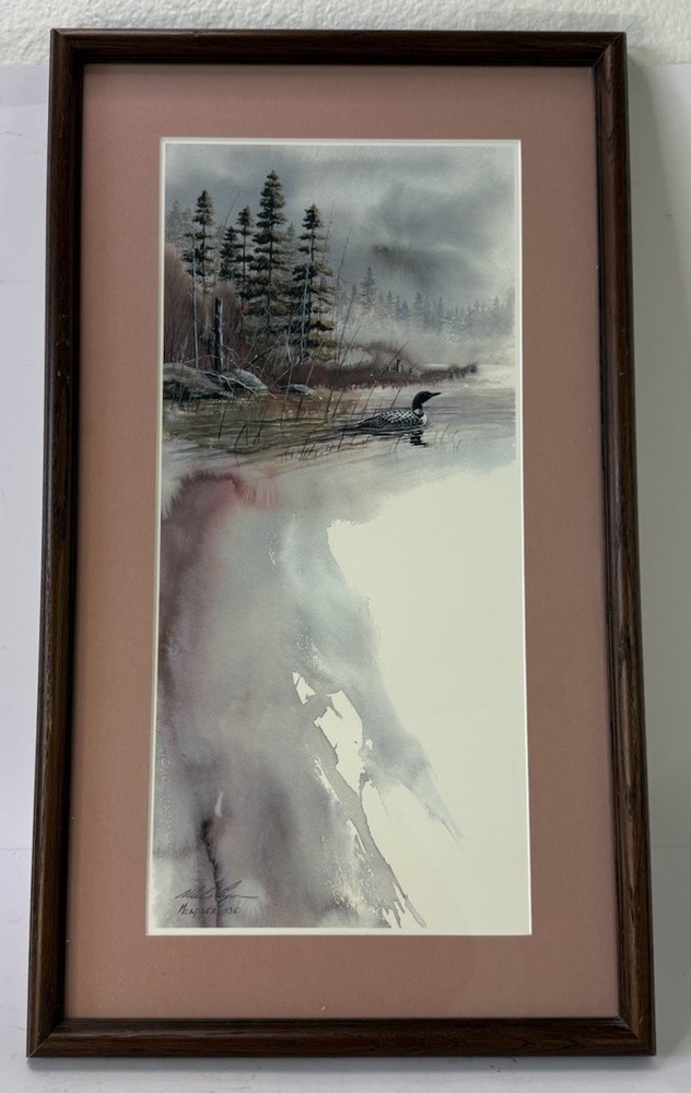 Mike Capser Original Watercolor Print Loon Misty Lake Signed 1993 Framed
