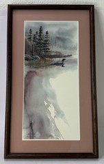 Mike Capser Original Watercolor Print Loon Misty Lake Signed 1993 Framed