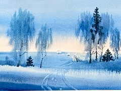 Vintage Signed V. Manzya “Frost” Russian Watercolor Painting Blue Kazakhstan