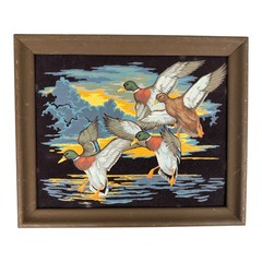Vintage Velvet Handmade Paint By Numbers Ducks Painting Mid Century 16″ x 20″