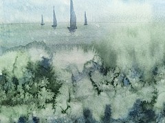 BOATS SEA BERDS WAVES Original Artwork Painting Landscape SKY CLOUDS Seascape A5